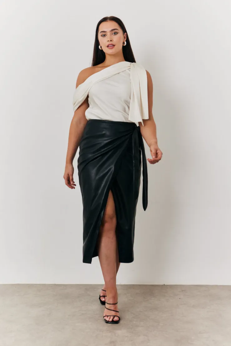 Clearance In the Style Faux Leather Wrap Skirt Black
