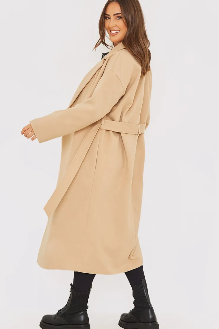 Hot In the Style Faux Wool Belted Longline Coat Camel