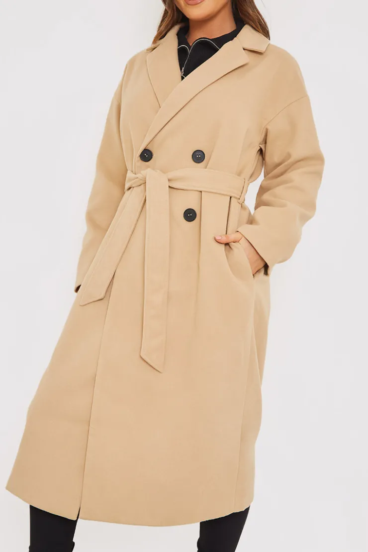 Hot In the Style Faux Wool Belted Longline Coat Camel