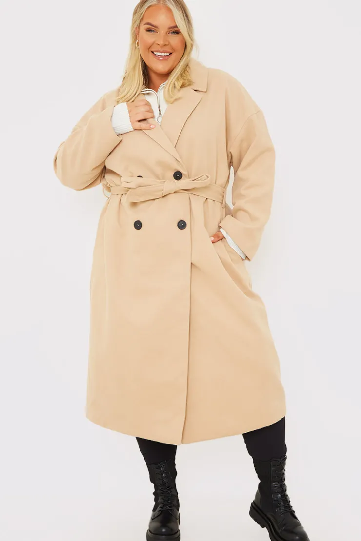 Hot In the Style Faux Wool Belted Longline Coat Camel