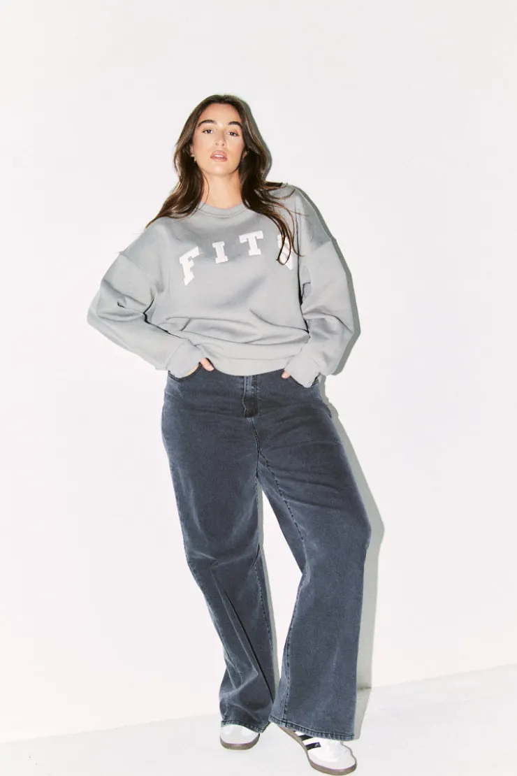 Sale Fits Slogan Knitted Crew Neck Sweatshirt Slate