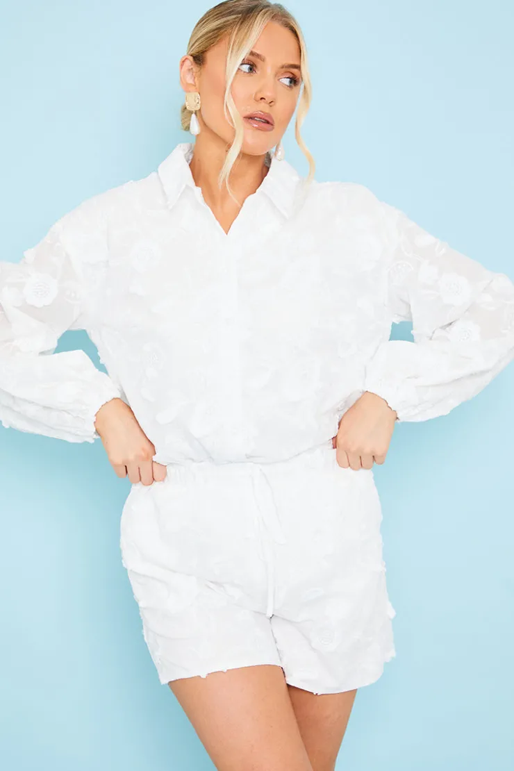 Online In the Style Floral Applique Drawstring Co-Ord Shorts White