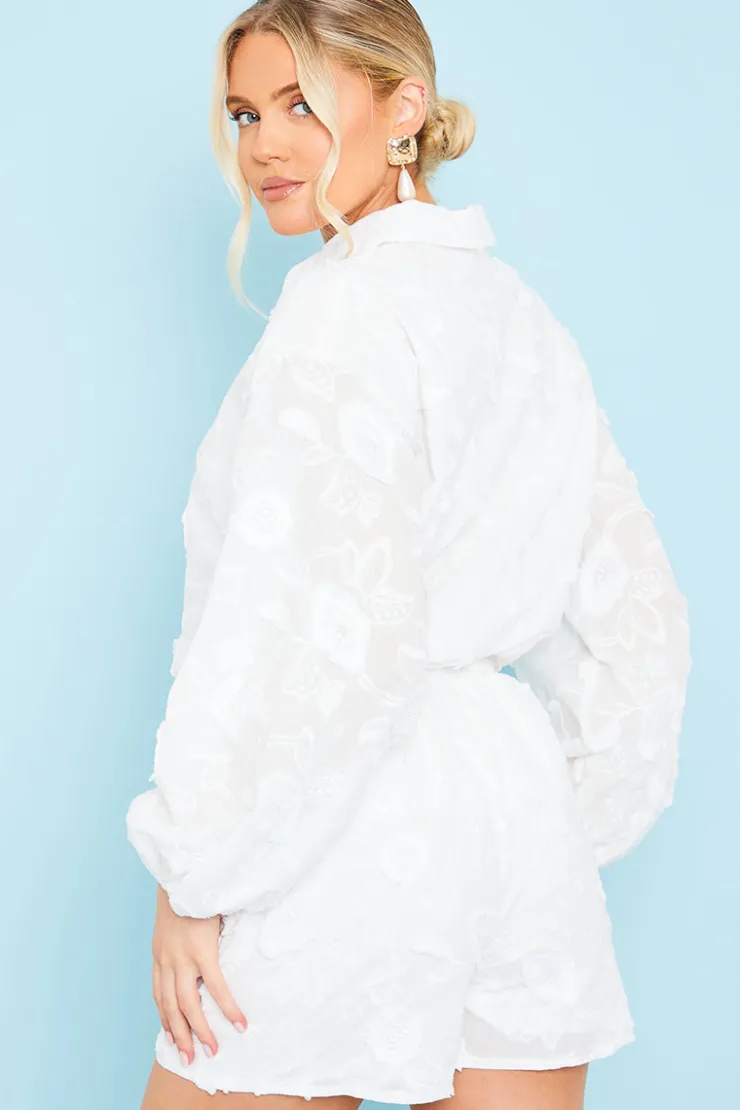 Online In the Style Floral Applique Drawstring Co-Ord Shorts White
