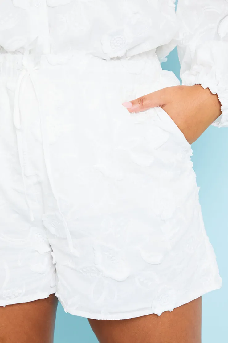 Online In the Style Floral Applique Drawstring Co-Ord Shorts White