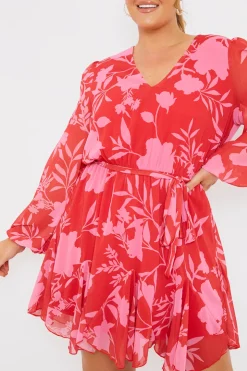 New In The Style Floral Balloon Sleeve Godet Skater Mini Dress Red