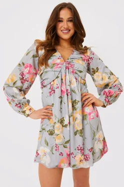 Best In the Style Floral Balloon Sleeve Ruched Bodice Playsuit Grey