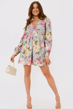 Best In the Style Floral Balloon Sleeve Ruched Bodice Playsuit Grey
