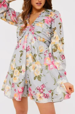 Best In the Style Floral Balloon Sleeve Ruched Bodice Playsuit Grey