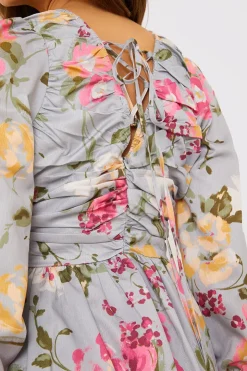 Best In the Style Floral Balloon Sleeve Ruched Bodice Playsuit Grey