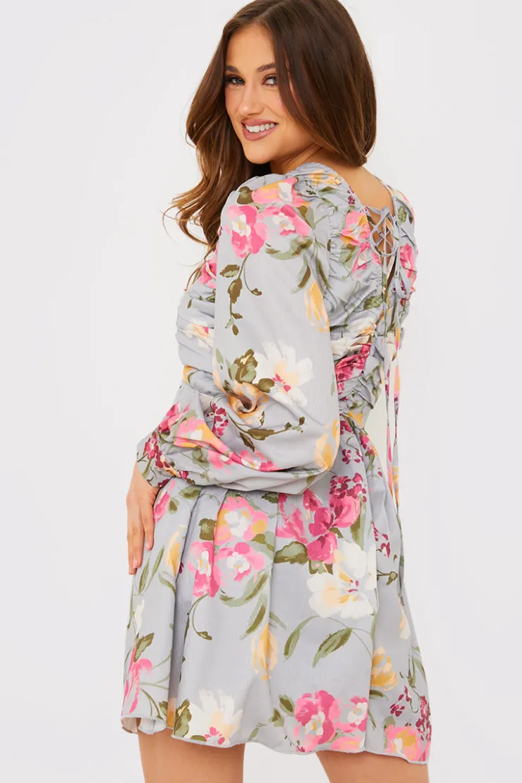 Best In the Style Floral Balloon Sleeve Ruched Bodice Playsuit Grey