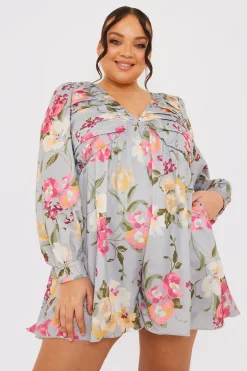 Best In the Style Floral Balloon Sleeve Ruched Bodice Playsuit Grey