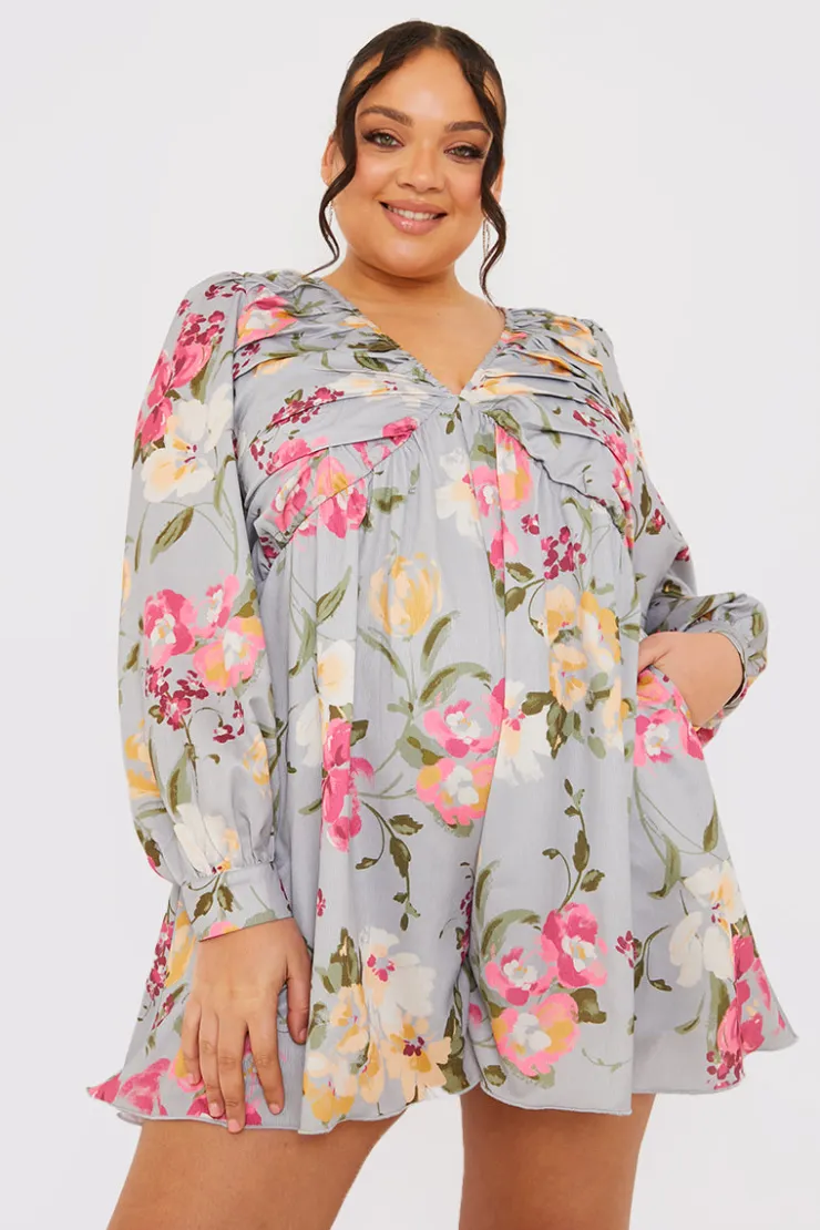Best In the Style Floral Balloon Sleeve Ruched Bodice Playsuit Grey