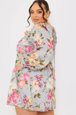Best In the Style Floral Balloon Sleeve Ruched Bodice Playsuit Grey