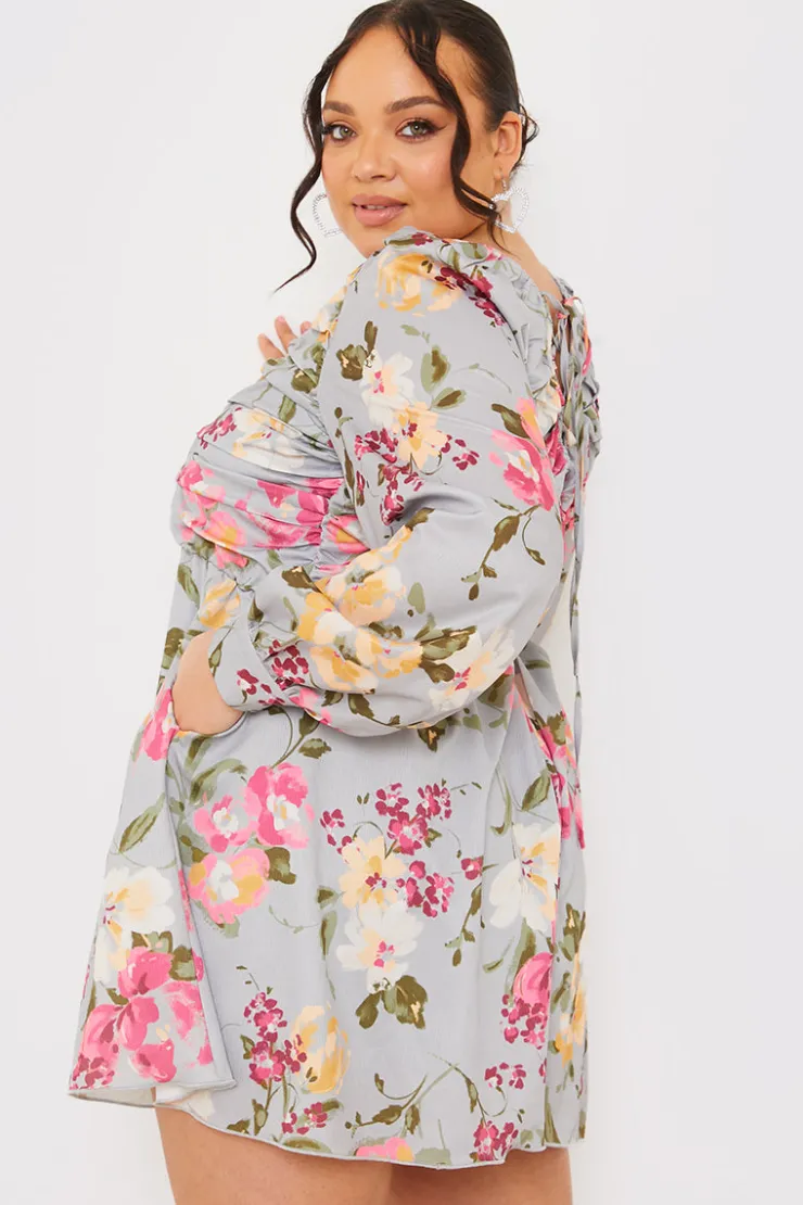 Best In the Style Floral Balloon Sleeve Ruched Bodice Playsuit Grey
