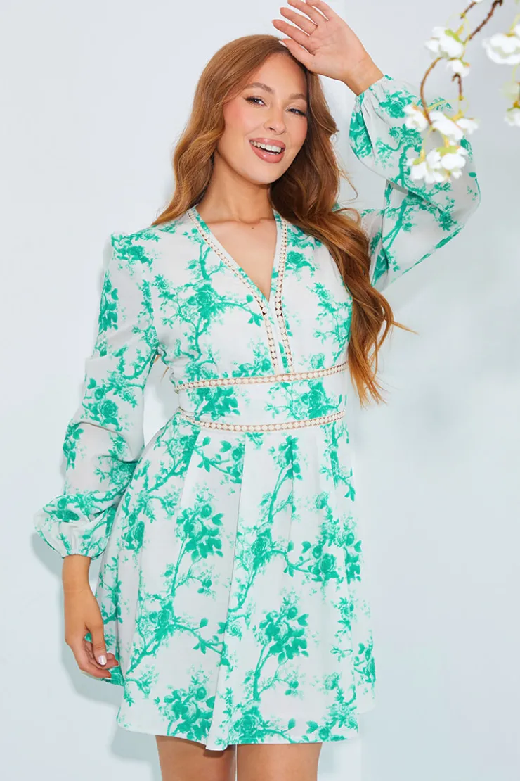 Sale In The Style Floral Broderie Trim Mini Skater Dress Green