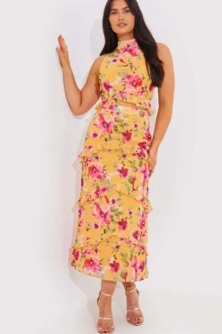 Discount In the Style Floral Chiffon Halter Co-Ord Crop Top Lemon
