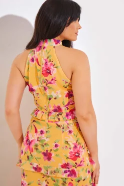 Discount In the Style Floral Chiffon Halter Co-Ord Crop Top Lemon