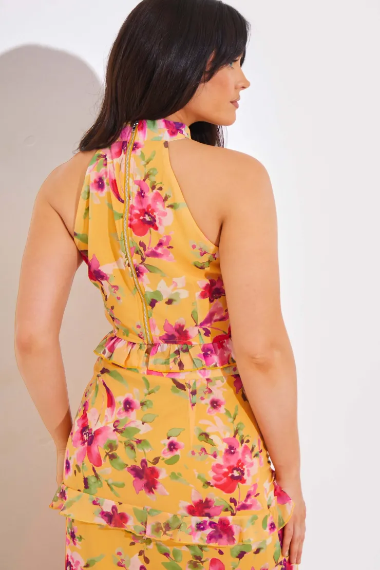 Discount In the Style Floral Chiffon Halter Co-Ord Crop Top Lemon