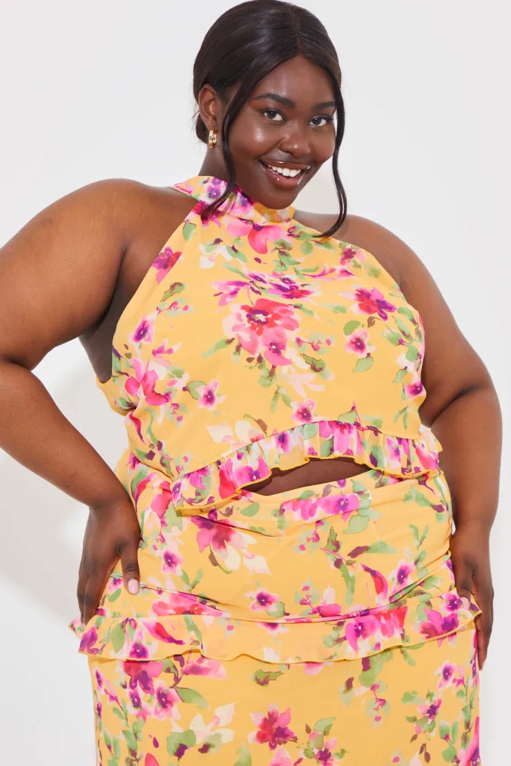 Discount In the Style Floral Chiffon Halter Co-Ord Crop Top Lemon