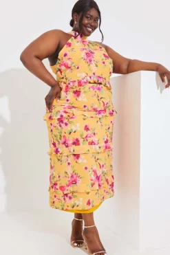 Discount In the Style Floral Chiffon Halter Co-Ord Crop Top Lemon