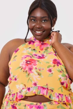 Discount In the Style Floral Chiffon Halter Co-Ord Crop Top Lemon