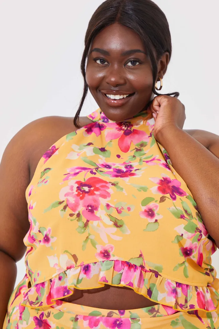 Discount In the Style Floral Chiffon Halter Co-Ord Crop Top Lemon