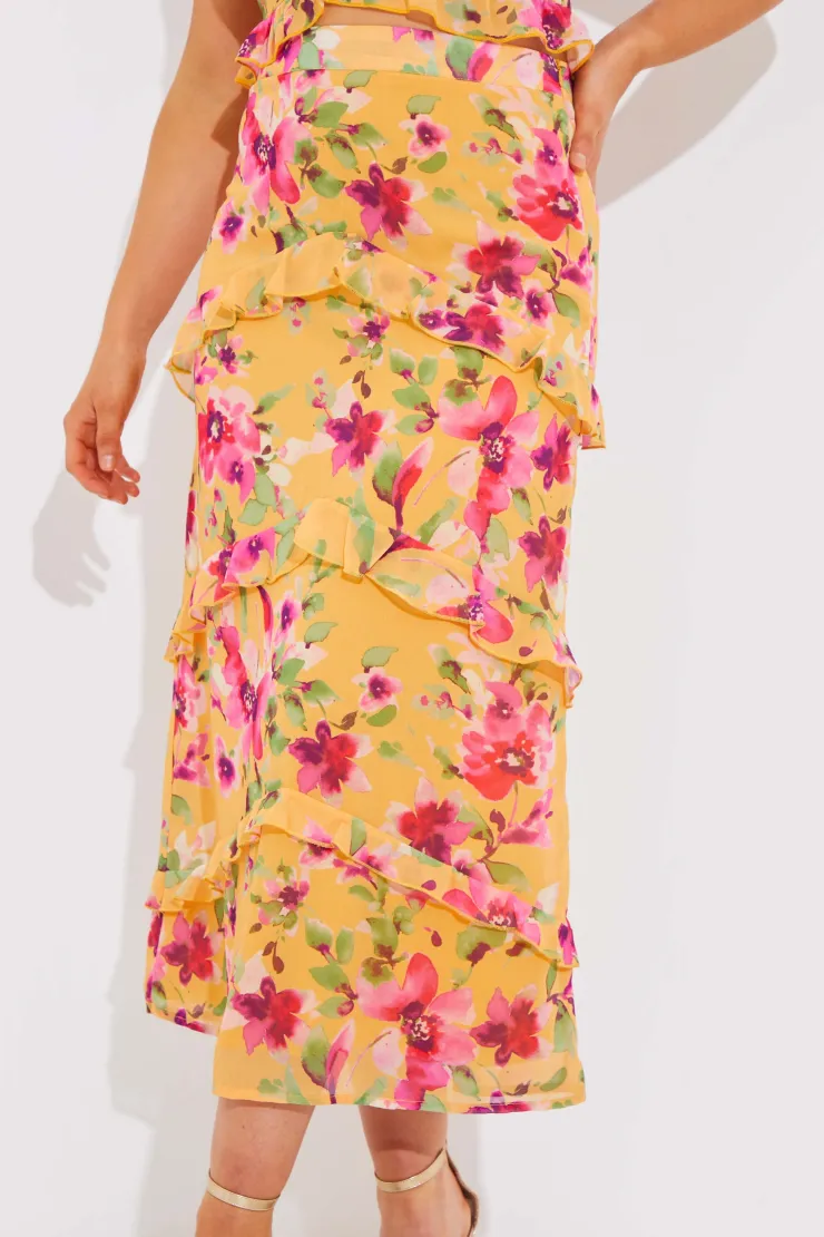 In the Style Floral Chiffon Maxi Co-Ord Skirt Lemon