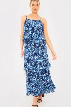 Outlet In the Style Floral Chiffon Tiered Frill Detail Midaxi Dress Blue