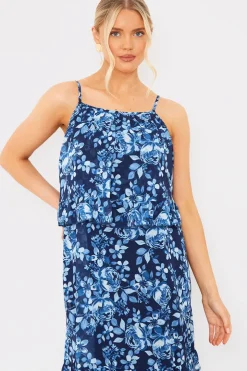 Outlet In the Style Floral Chiffon Tiered Frill Detail Midaxi Dress Blue