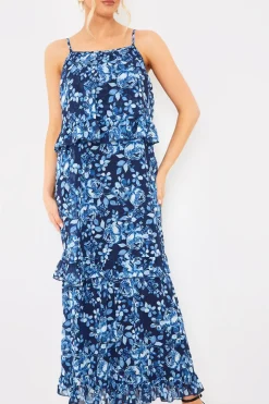 Outlet In the Style Floral Chiffon Tiered Frill Detail Midaxi Dress Blue