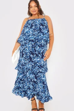 Outlet In the Style Floral Chiffon Tiered Frill Detail Midaxi Dress Blue
