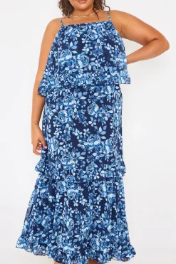 Outlet In the Style Floral Chiffon Tiered Frill Detail Midaxi Dress Blue