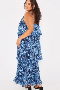 Outlet In the Style Floral Chiffon Tiered Frill Detail Midaxi Dress Blue