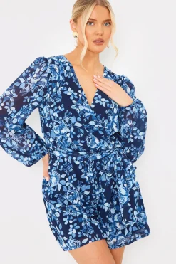 In the Style Floral Chiffon Wrap Belted Balloon Sleeve Playsuit Blue