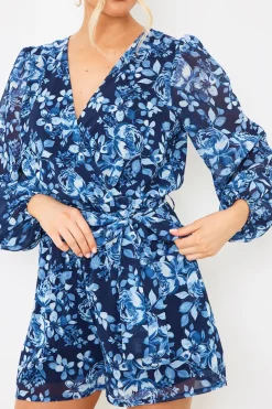 In the Style Floral Chiffon Wrap Belted Balloon Sleeve Playsuit Blue