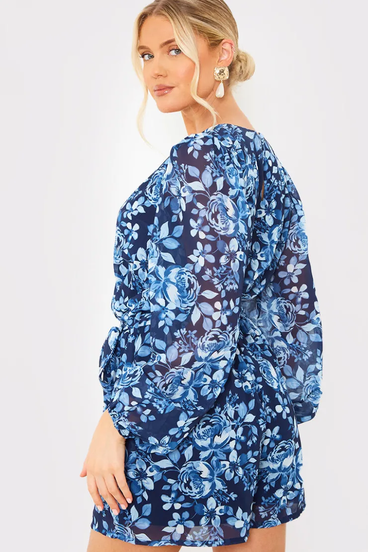 In the Style Floral Chiffon Wrap Belted Balloon Sleeve Playsuit Blue