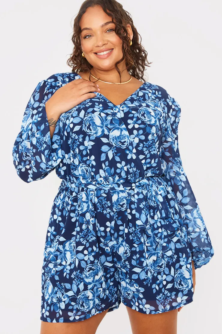 In the Style Floral Chiffon Wrap Belted Balloon Sleeve Playsuit Blue