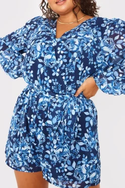 In the Style Floral Chiffon Wrap Belted Balloon Sleeve Playsuit Blue