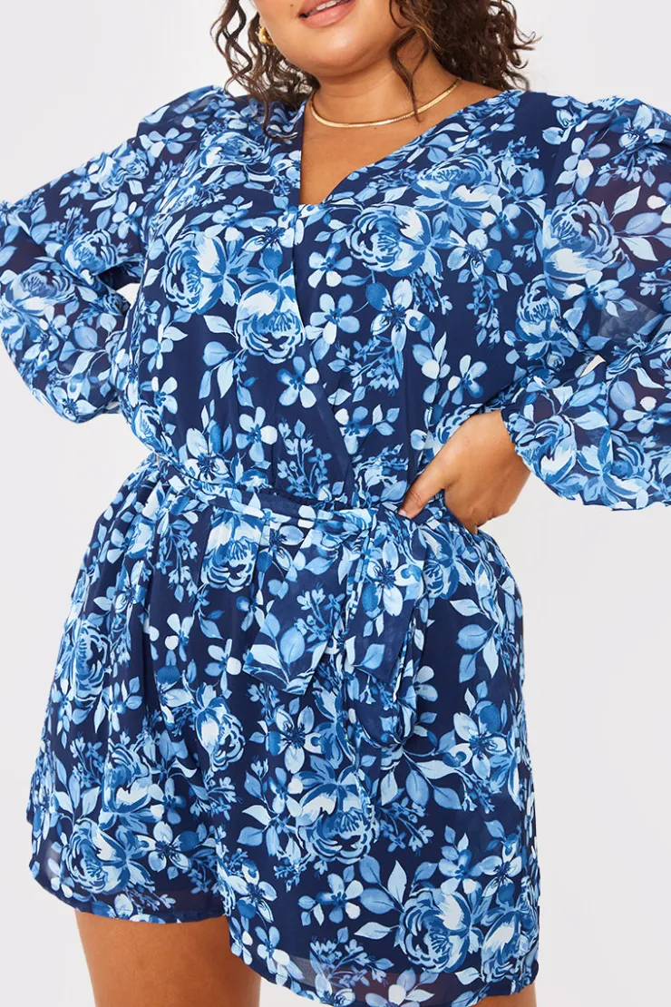 In the Style Floral Chiffon Wrap Belted Balloon Sleeve Playsuit Blue