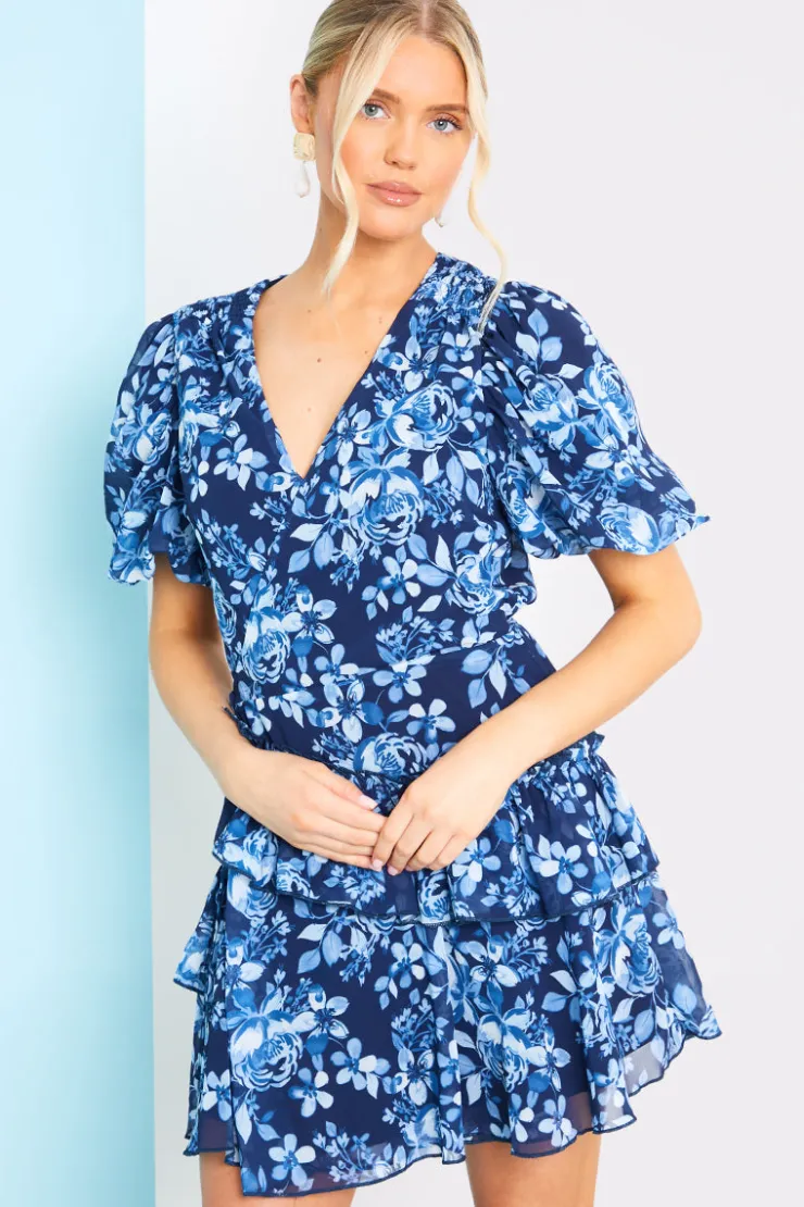 Online In the Style Floral Chiffon Wrap Detail Mini Dress Blue
