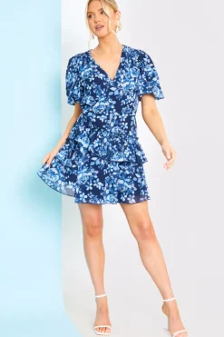 Online In the Style Floral Chiffon Wrap Detail Mini Dress Blue