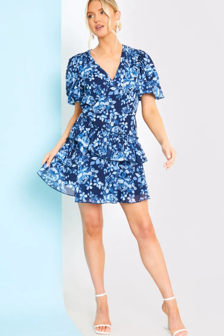 Online In the Style Floral Chiffon Wrap Detail Mini Dress Blue