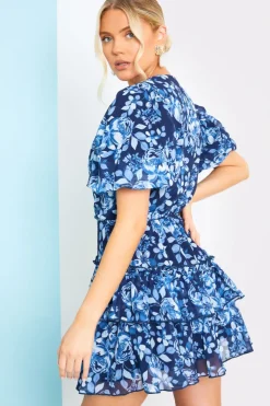 Online In the Style Floral Chiffon Wrap Detail Mini Dress Blue