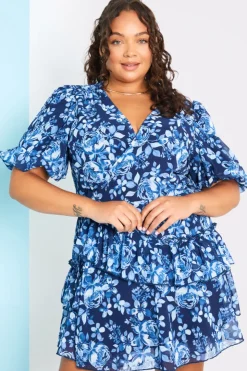 Online In the Style Floral Chiffon Wrap Detail Mini Dress Blue