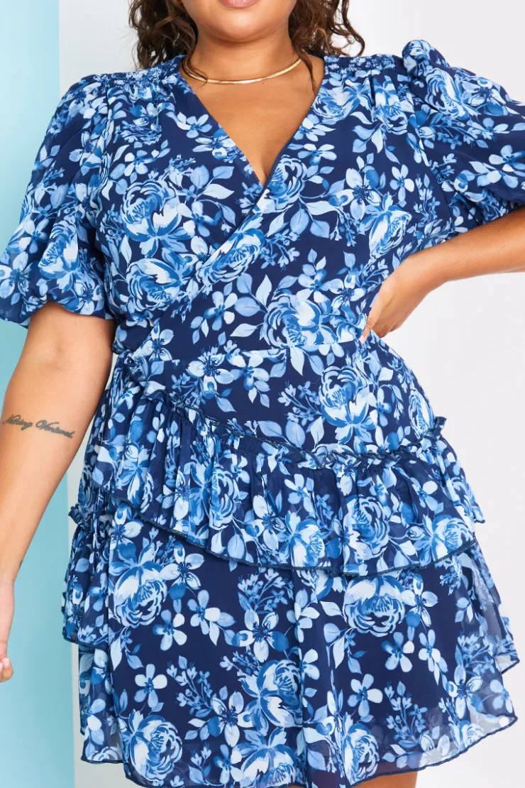 Online In the Style Floral Chiffon Wrap Detail Mini Dress Blue