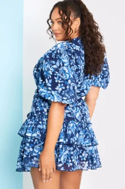 Online In the Style Floral Chiffon Wrap Detail Mini Dress Blue