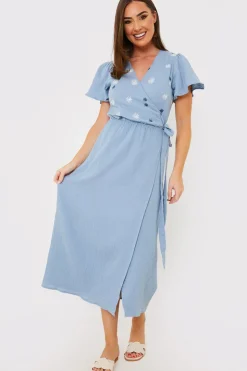 Clearance In the Style Floral Embroidered Wrap Midi Dress Blue