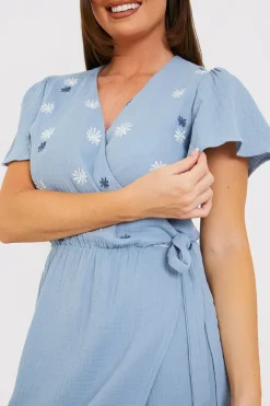 Clearance In the Style Floral Embroidered Wrap Midi Dress Blue