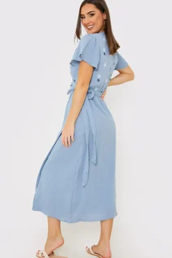 Clearance In the Style Floral Embroidered Wrap Midi Dress Blue