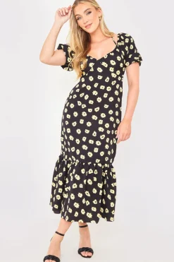 Best In The Style Floral Plunge Short Sleeve Midi Dress Black